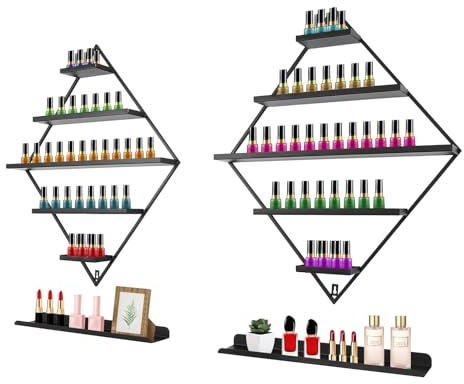 MIUKYUI Estantería profesional para esmalte de uñas en la pared, diseño de rombo, esmalte de uñas grande, 5 niveles, para hasta 90 botellas en oro, para estudio y hogar, salón de belleza (negro)