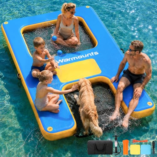 WARMOUNTS Inflatable Floating Dock with Dog Ramp & Water Hammock, Non-Slip Swim Platform Floating Mat for Lake Pool Sea, Float Island for Adults & Pets (300x180cm, 340kg) incl. Pump & Bag