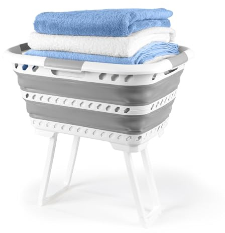 Cesto de ropa Beldray de 40L – Cesto para la colada plegable con patas abatibles, compacto, fácil de limpiar, asas de transporte convenientes, gris, evita agacharse y esfuerzos, gris