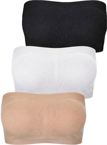LYBHFCFC 3 Pack Women's Seamless Bandeau Bra, Padded Strapless Bra Bralette, Non-Slip Invisible Tube Top Dress Bra (UK, Alpha, M, Regular, Regular) Black, White, Nude