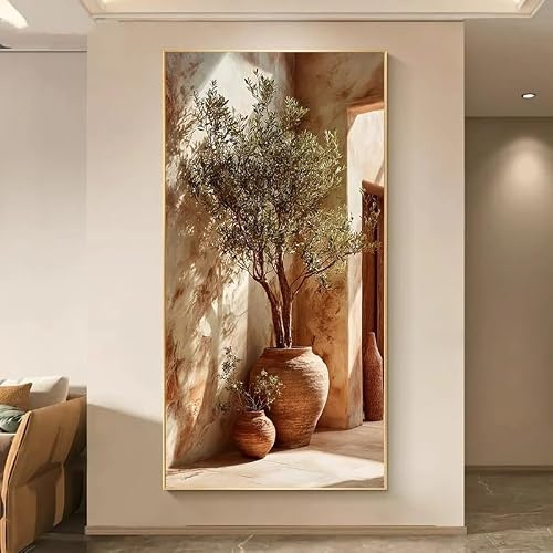 SDVIB Quadro moderno con ulivo mediterraneo, stampa su tela senza cornice con ramo d'ulivo, pannello neutro, ideale per arredare il soggiorno (40x80 cm/senza cornice)