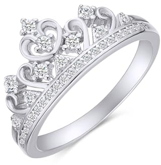 Princess Crown Ring, Round Cut Sparkling White Cubic Zirconia Promise Ring for Women in 14K White Gold Plated 925 Sterling Silver Jewelry Gift for Her Size-7