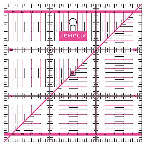 SEMPLIX Patchwork-Lineal, transparentes Quilt-Lineal mit cm-Skala und Winkelfunktionen, ideal für Patchwork und Basteln, 15 x 15 cm (Rosa)