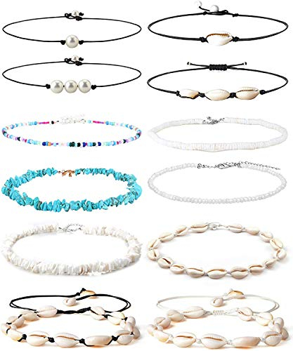 LOLIAS 12 Stück Natürliche Muschel Halskette für Damen Mädchen Muschelkette Halsband Shell Schlüsselbein Halskette Böhmische Puka Halsreif Handgefertigte Hawaii Perlen Sommer Strand Schmuck Set