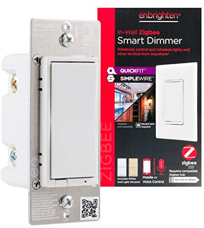 Enbrighten 43080 Zigbee Light QuickFit and SimpleWire, Pairs Directly with Echo Studio/Show 10/Plus 1st & 2nd Gen, Paddle Smart dimmer, White & Light Almond