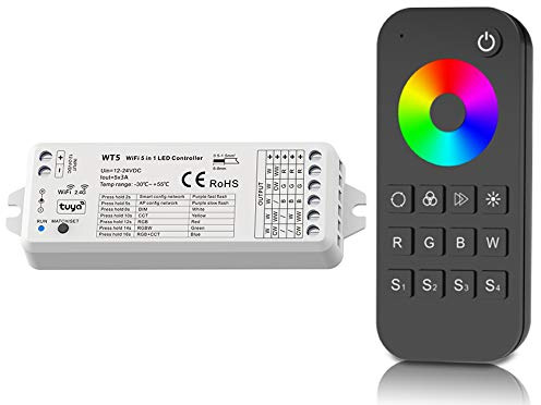 LEDUX WiFi + Funk LED Controller 5in1 Mulitfunktion 12-24V für einfarbige, RGB, RGB+W, CCT, RGB+CCT Leuchten, Lichtstreifen und mehr (RGB+W/Fernbedienung 1xZone)