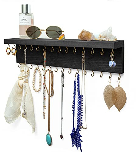 Ilyapa Wooden Wall Mounted Jewelry Organizer Shelf, Black Jewelry Rustic Black Necklace Holder, Earring and Bracelet Hanger Rack, Necklace Hooks