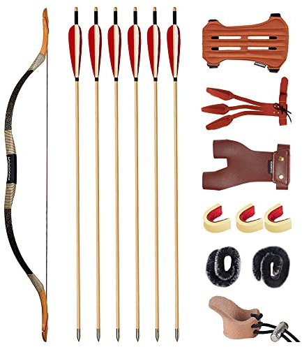 Huntingdoor Longbow Set Arco e Freccia per Adulti 30-50lbs Arco Tradizionale Arco Ricurvo Arco da Cavallo con Frecce in Legno Accessori per Tiro con L'Arco per Pratica del Bersaglio (40lbs)