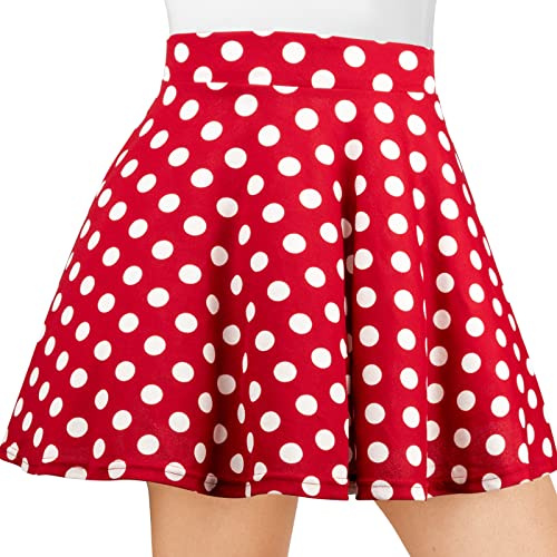 DRESHOW Rétro Jupe Basique Elastique évasée Mini Jupe Plissée Patineuse Décontractée Pour Femmes Filles, Mini Skirt Polka Dot Red, XS