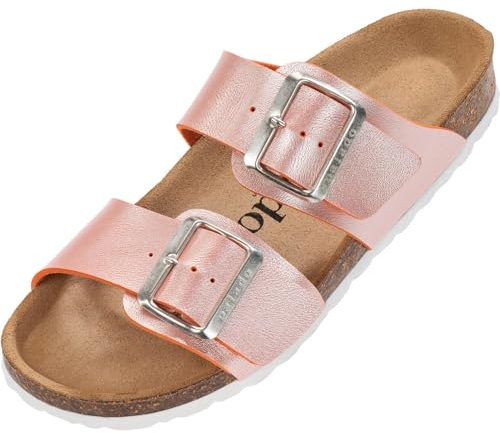 Palado Pantoletten Damen Samos EGS - bequeme Sandalen Made in Spain - Hausschuhe mit dämpfendem Kork-Fußbett - modische Sommerschuhe Orange Metallic UK7 - EU40