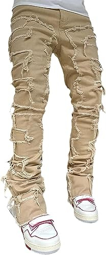 Vagbalena Los Hombres Rasgados Slim Fit Jeans Stretch Skinny Denim Pantalones Lápiz Rodado Tinte Spliced Stacked Frayed Straight Leg Skinny Jeans