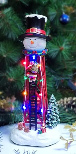 Moments in Time Christmas Snowman Water Tower 12.44”H LED Lights Hand-Painted Polyresin Santa Climbing Scene Battery Operated Christmas Village Decoration Winter Holiday Display