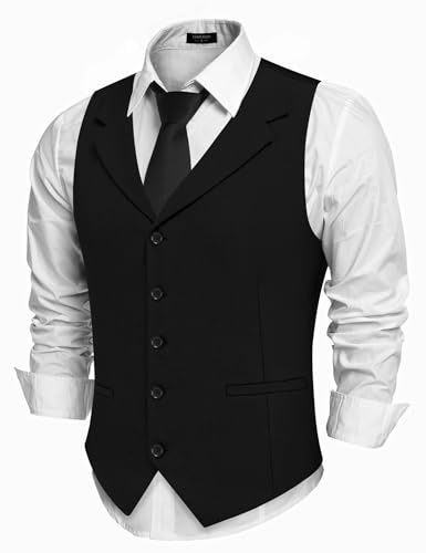 COOFANDY Black Vests Men Slim Fit Waistcoat Vest Notch Lapel Dressy Suit Vests, Solid Color - Black, L