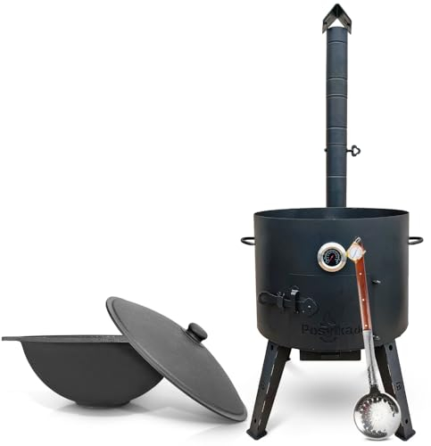 Utschak Feuerofen Gusseisen Topf flacher Boden mit Deckel (22 L) KazanoFF, Учаг, Kazan Outdoor, Feuerschale, Camping, Kasan, Gulaschkanone Dutch Oven (Set 22F-5)