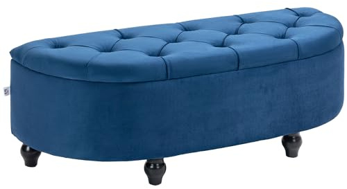 HOMCOM Banc de Rangement, Coffre de Rangement Design capitonné Demi-Cercle Bout de lit avec revêtement Velours, Pieds en Bois d'hévéa, pour Salon, Chambre, entrée, 120 x 46 x 42 cm, Bleu