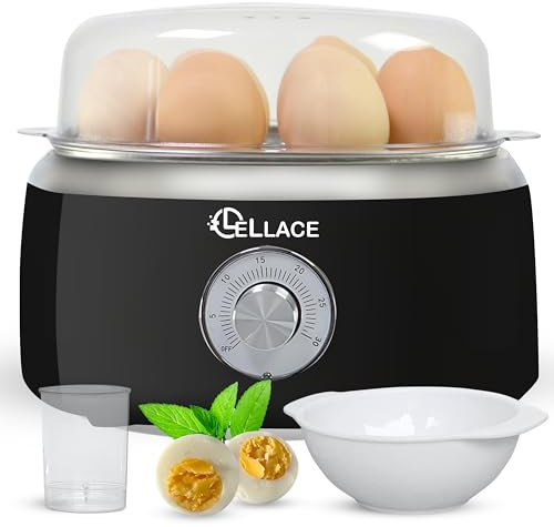Cuece Huevos Eléctrico con Temporizador Manual y Alarma. Cocedor de 1 hasta 7 huevos para hacer Huevo Duro, Mollet o Pasados por Agua. Egg Boiler de 400W con Cuenco para huevo Poché. (NEGRO)
