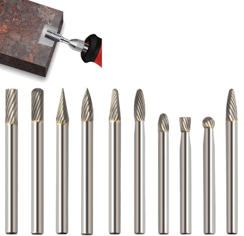 Yuentoen Hartmetall Frässtifte Set,10 Stück Metall Fräser Rotations Bohrer mit 6mm Schaft Hartmetallfräser,Drehwerkzeug Zubehör für Schleifen, Schnitzen, Metallpolieren, Gravieren, Bohren