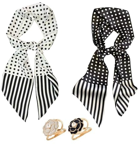 FOSDICK 2 Pezzi Foulard Donna Seta e 2 Anelloper Sciarpa di Seta, Leggero Elegante Foulard Seta, Raso Sciarpa Setas Donna, Modello Vintage a Pois, Adatto per Tutti i Giorni, Lavoro, Viaggi, 145 * 45CM