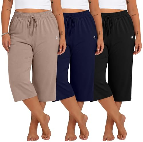 Neer Paquete de 3 Pantalones Capri de Talla Grande para Mujer, de Pierna Ancha y Corte Holgado, Estilo Casual, con Bolsillos(3XL,Negro, Azul Marino, Moca)