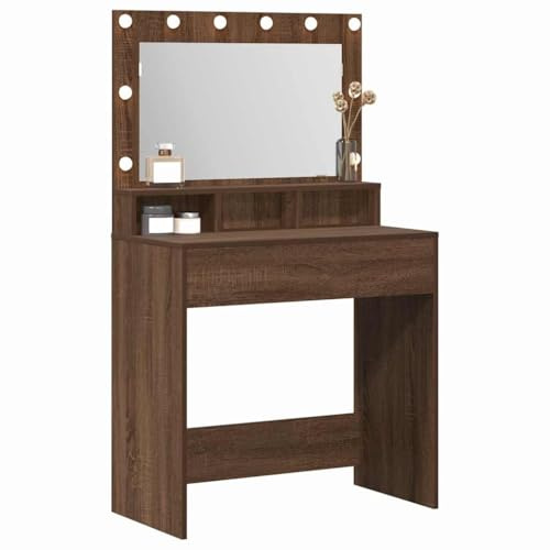 vidaXL Smyckebord med hylla Brun Ek 75,5 x 41 x 135 cm Konstruerat trä, Modern rektangulär förvaringsenhet, sovrumsmöbel, sminkbord, minimalistisk sminkplats med lampor, hållbart konstruerat trä