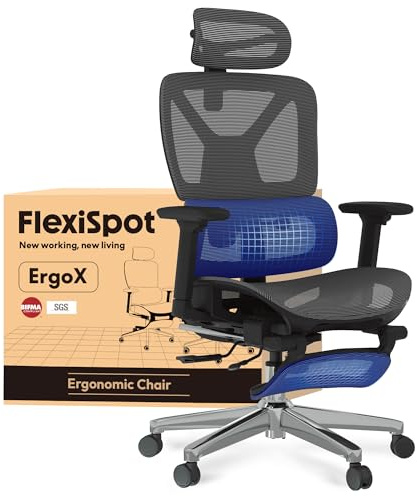 FLEXISPOT ErgoX – Sedia ergonomica da ufficio in rete con poggiapiedi, poggiatesta 3D, supporto lombare, schienale 5D regolabile, braccioli 3D, seduta traspirante, ruote, 130 kg