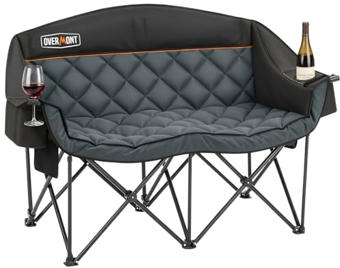 OVERMONT Sedia da Campeggio Oversize per 2 Persone - Divano da Campeggio Doppia per adulti - Sedie da Esterno Resistenti con Schienale Alto e Imbottito - Supporto Fino a 385 kg Nero-Grigio