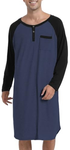 Enjoyoself Maglie Pigiama da Uomo in Cotone Maniche Lunghe Camicie da Notte per Primavera Autunno-Blu Scuro+Nero/3XL