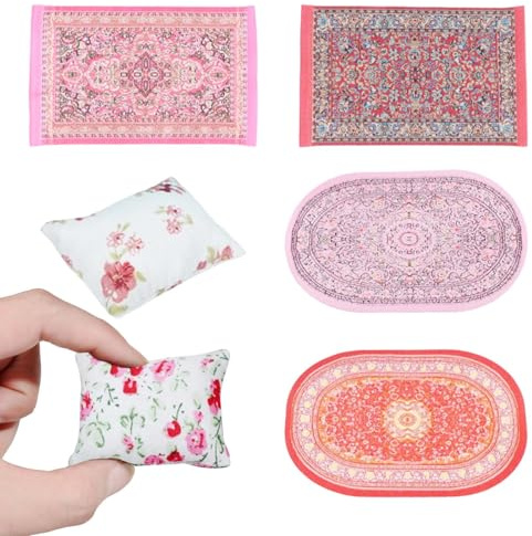 Lot de 6 meubles de maison de poupées, accessoires pour maison de poupées, ensemble de meubles, tapis et oreillers précis adaptés pour décorer les jouets des enfants et des collectionneurs