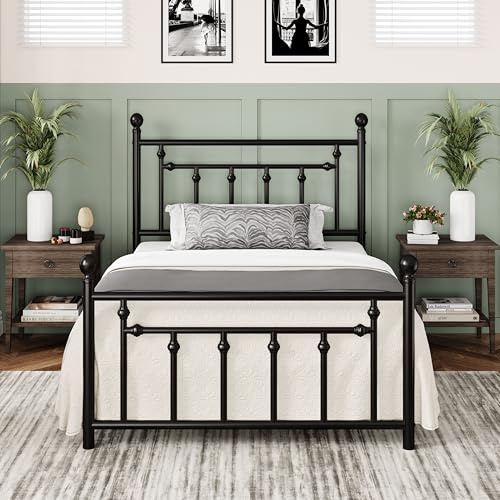 Allewie 14'' Twin Size Metal Platform Bed Frame, Vintage Headboard, Black