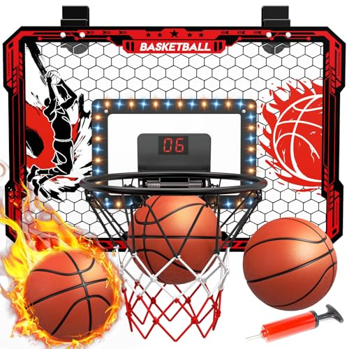 Basketball Hoop Indoor for Kids, Mini Hoop for Bedroom Office with 3 Ball Automatic Scoring, Gifts for Boys Teenage 5 6 7 8 9 10 Years Old, Over Door Basketball Hoop Presents Toys for Teen Boys