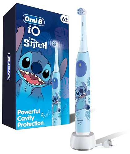 Oral-B iO Kids - Cepillo de dientes eléctrico recargable, Stitch con 1 cabezal de cepillo de cuidado suave, sensor de presión automático para proteger las encías, 3 modos de limpieza, temporizador de