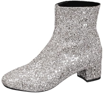 Bottines de style britannique pour femme - Couleur unie - Décoration à paillettes - Talon épais - Fermeture éclair latérale - Bottines courtes, argenté, 37 EU