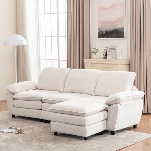 OOIILLEE Canapé 3 Places en Forme de L, Canapé Lit modulable avec Pouf Amovible, Fauteuil rembourré avec Chaise Longue, pour Salon, en Velours Blanc