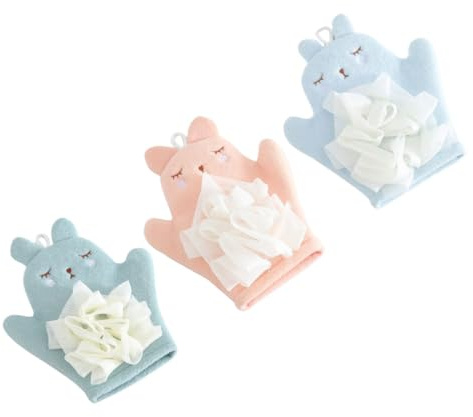 OUNONA 3 pièces de Bain Garçon Fille Doux Éponge Massage Confortable pour Peau Sensible Portable avec Boucle de Séchage Bleu Orange et Vert Menthe