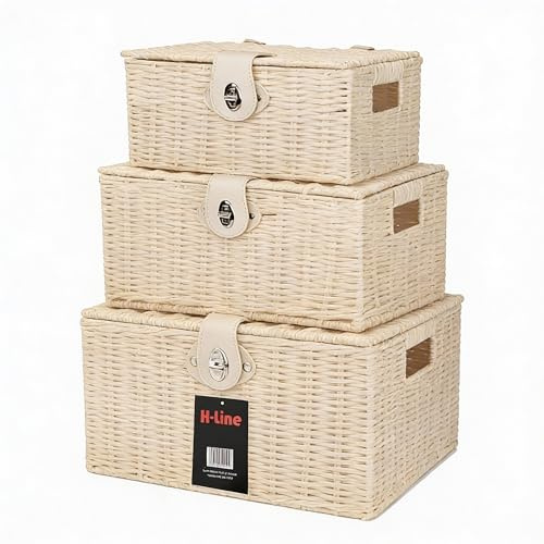 H-line Set of 3 Resin Cream Wicker Woven Lidded Storage Baskets Box with Lid & Clasp Lock Xmas/Easter Gift Hamper