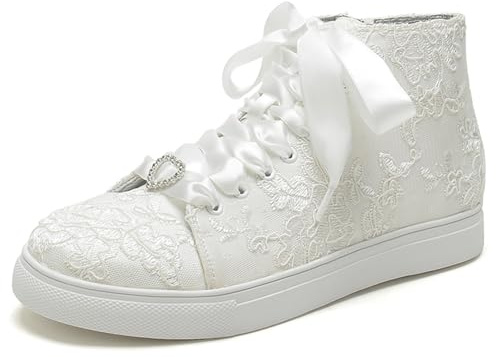 HFWXYSA Scarpe da Sposa Alte Donna Scarpe Da Sposa Scarpe Da Ginnastica Appartamenti Scarpe Da Sposa Tennis Cutout Pizzo Sneakers Casual, Avorio, 35 EU
