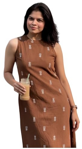 GoSriKi Kurta A-linje med viskostryck för kvinnor, ärmlös, etniskt kurta-set för kvinnor, avslappnat kontorsset, festlig och daglig traditionell klänning