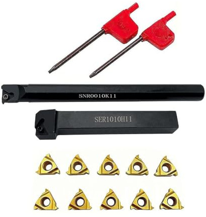 SPORTARC Set di utensili per filettare il tornio, set di utensili per tornitura esterna ed interna, inserti in carburo, struttura in acciaio legato, 2 supporti + 10 inserti + 2 chiavi T8, per torni