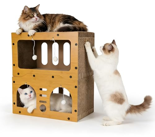 Cardboard Cat House, 2-Floor Cat Scratcher House with Hanging Ball Toy Large Space Cat Scratching Bed for Multi Cats Dual-Sided Corrugated Cardboard Scratcher for Cat Up to 5kg