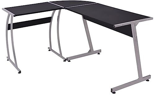 Pyvara Escritorio esquinero en forma de L negro con marco de metal resistente, tablero de partículas, 152 x 117 x 74 cm, ergonómico y ahorra espacio para oficina, oficina en casa, juegos y estudio