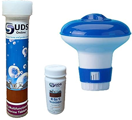SUDS-ONLINE Small Dispenser with 10 Multifunctional Chlorine Tablets 20g + Test Strips