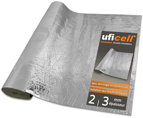 50 m² | Aislamiento acústico de impacto uficell® TOPSONIC AKUSTIC ALU - 3 mm de espesor - ideal para calefacción por suelo radiante (3 mm de espesor, 50 m² / 5 rollos de 10 m)