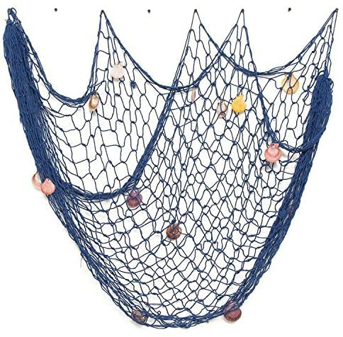 Copiel Red de Peces Decoración de Pared, Marco de Colgante Náutico Estilo Foto Playa del Océano Mediterráneo con Conchas para el Hogar, Fiesta, Baby Shower, Decoración Fotográfica 200 x 100 cm Azul