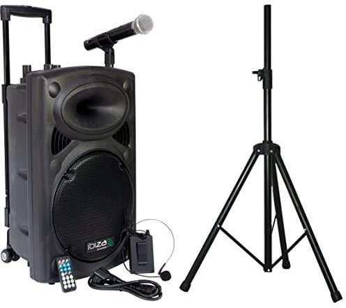 Ibiza Port12VHF-BT-WH Impianto audio portatile cassa attiva (700 Watt, ingressi USB SD MP3, 2 microfoni, cuffie, batteria, telecomando) & SS03Supporto dell'altoparlante porta 8/10/12/15