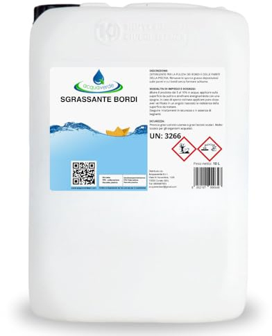acquaverde | Sgrassante Bordi, 10 Litri di Detergente Liquido per Pulire, Sgrassare e Smacchiare Liner e Pareti della Piscina, Soluzione Alcalina contro Grasso e Sporco