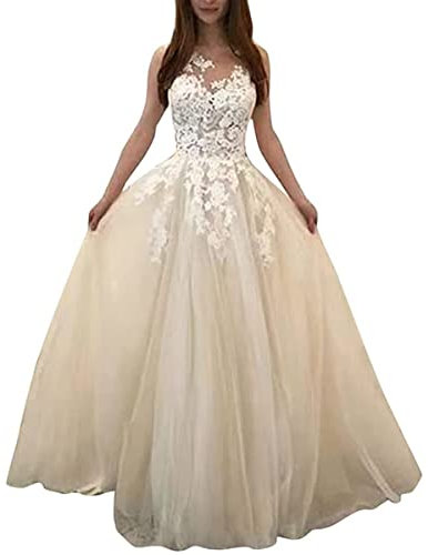 Onsoyours Robe de mariée Femme Élégant Dentelle Col V Dos Nu sans Manches Robes Longue de Nuptiale Soirée Princesse Demoiselle d'honneur A Blanc L