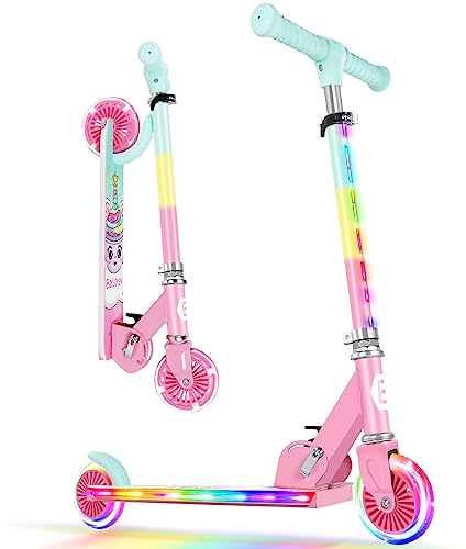 BELEEV V2 Monopattino Bambino 3-12 anni, LED Ruote Illuminate & Stem & Deck, Pieghevole Monopattino 2 Ruote per Bambina Ragazza Ragazzo, 3 Altezza Regolabile, Ponte Antiscivolo, Carico Massimo 50Kg