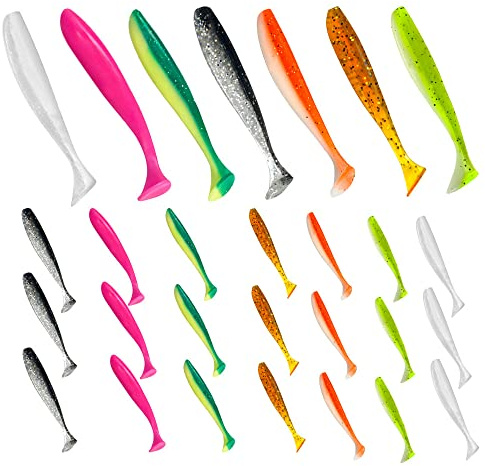 Senvenelec Appât Artificiel, appât bionique en Silicone Souple, appât de pêche au ver, Simulation Appât à Queue en T, appât Puissant, Faux appât - 28 Pcs.