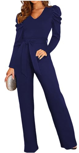 Coloody Lång jumpsuit för kvinnor, overall, byxdräkt, elegant, sparkdräkt, kortärmad, rund hals, lekdräkt med bälte, byxkostym, bred ben, overall, V-blå, S