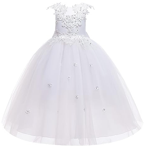 LOLANTA Vestiti Cerimonia Comunione Bambina,Abito Eleganti Bianoco Rosa Blu(10-11 Anni,Bianco,Tag 150)
